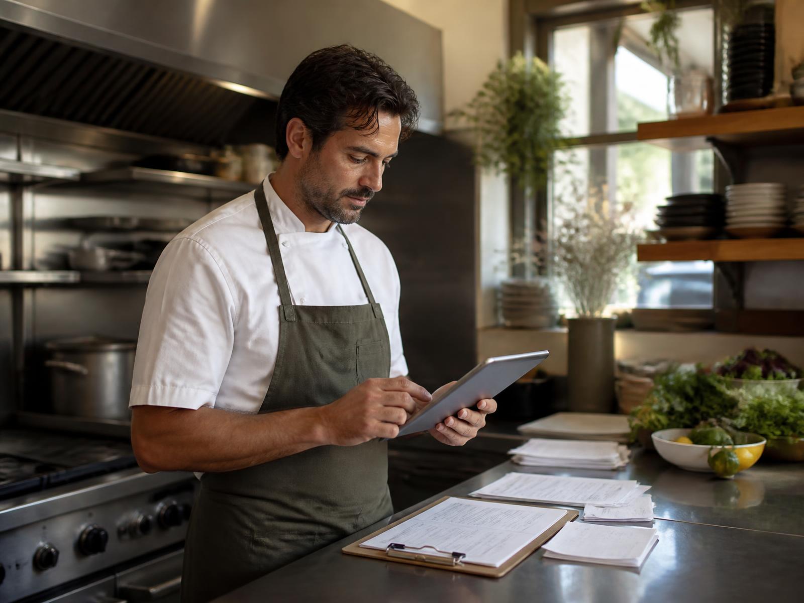 Chef-owner reviewing recipe costs on a tablet beside supplier invoices in a restaurant kitchen