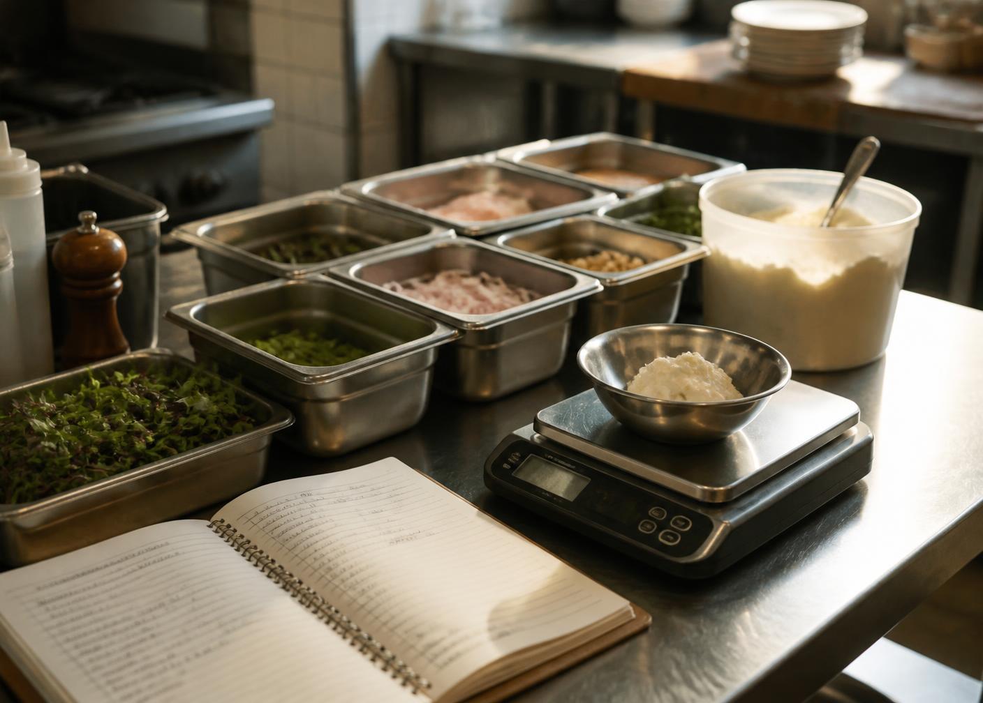 Portioned mise en place on a stainless prep table with a scale and a recipe yield notebook